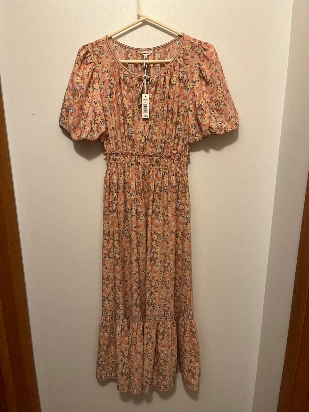 Max Studio Pink Floral Maxi Dress with Puff Sleeves